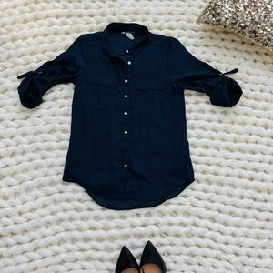 Navy Blue Long Sleeve Button-Down Shirt with Tie Cuffs – Size S (Anthropologie)